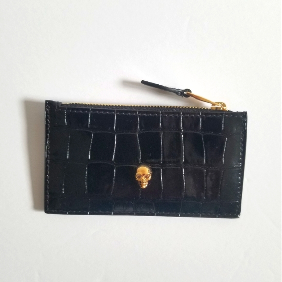 Alexander McQueen Croc-Embossed Leather Skull Card Holder Black Gold - Picture 4 of 8
